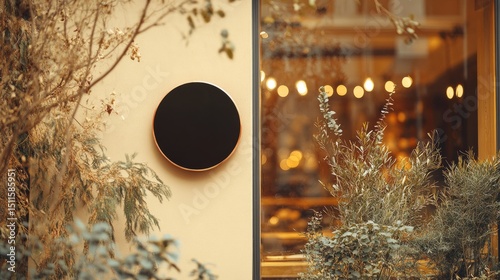 Premium storefront design with a black round sign on beige wall, copper fixture and subtle garden reflections and lights blurred behind