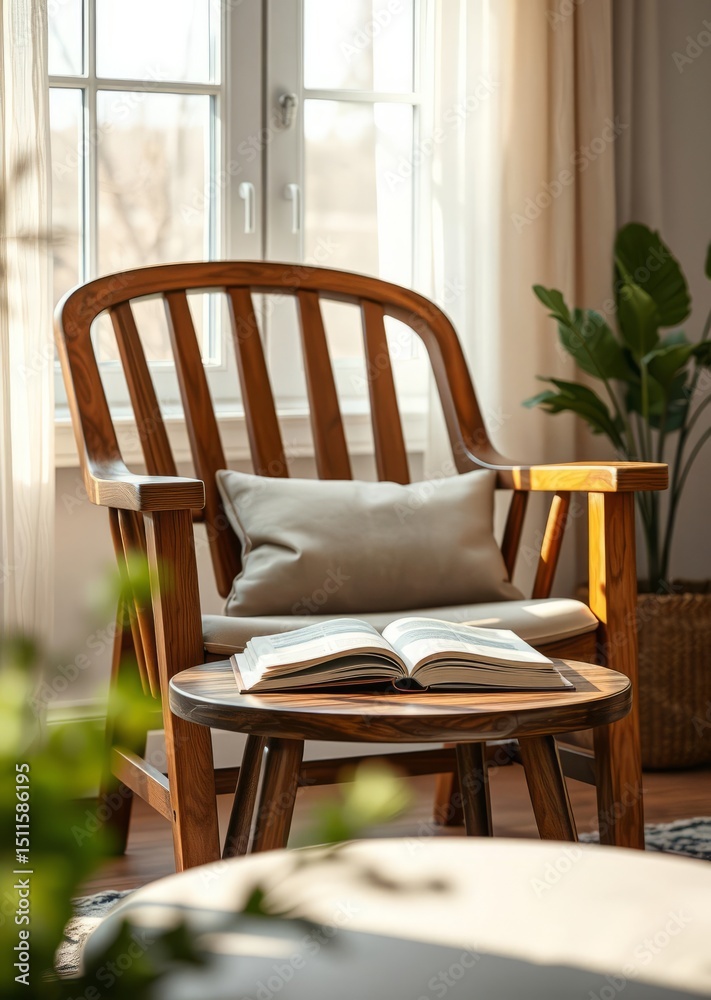 Fototapeta premium Wooden armchair with coffee table and book in evening light. book mockup. 