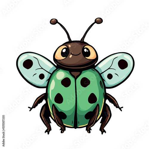 A charming green ladybug with delicate wings illustration for sticker creation material