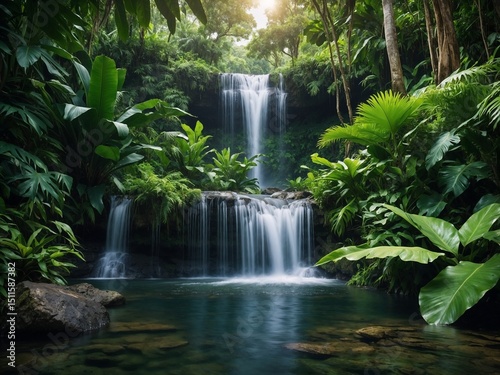A hidden tropical waterfall surrounded by lush green foliage