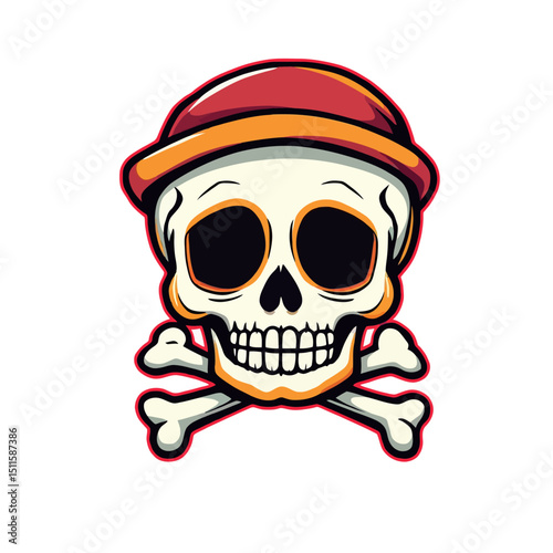 A Skull and Crossbones Illustration Sticker With A Red and Yellow Cap