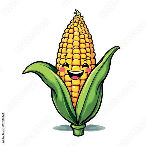 A Cheerful Ear of Corn Vegetable with Green Leaves Happy Cartoon Illustration Sticker