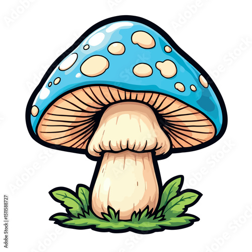 Cartoon Blue Mushroom with White Spots and Green Grass Illustration Sticker