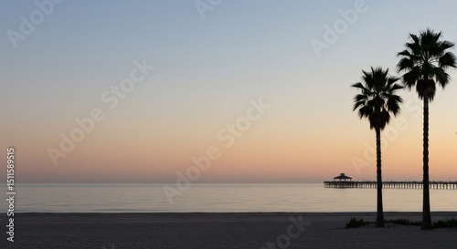 Serene Sunset Beachscape Palm Trees Ocean Pier Peaceful Sunrise Coastal Scenery