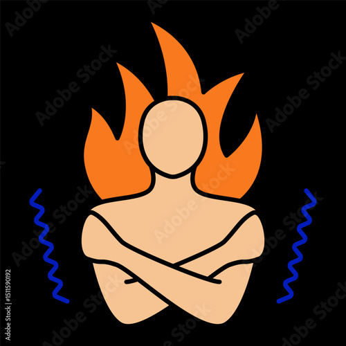 Fever icon. Person with flames behind body and trembling lines shows high body temperature, infection, or inflammatory condition.