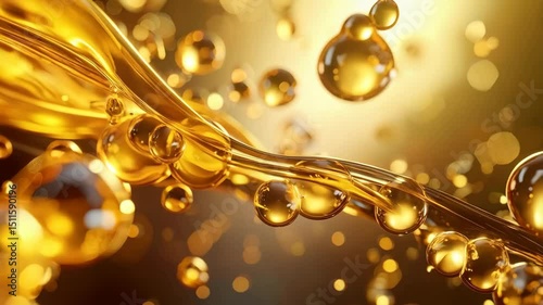 Close up of flowing golden oil liquid with suspended bubbles. Abstract beauty product concept and skin serum, hair treatment liquid.