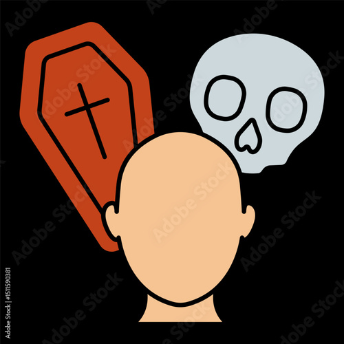 Death awareness icon. Human head with skull and coffin signifies fear, mortality, terminal illness, or psychological association with death.