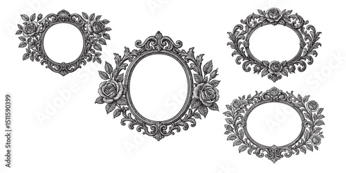floral baroque badge set engraving vector illustration 