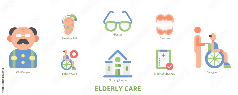 Fototapeta premium Elderly Care Flat Banner Web Icon Set Vector Illustration, Old People Nursing Home Elderly Care Caregiver Medical Checkup Hearing Aid Glasses Denture