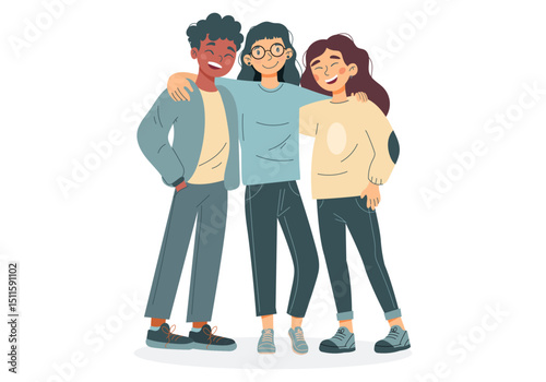 Three happy teenagers arm in arm – Full body minimalist vector illustration of two girls and one boy in casual clothes, friendship, youth and togetherness