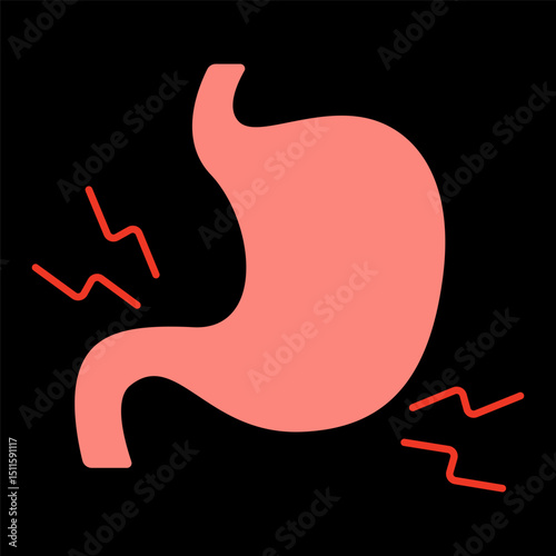 Stomachache icon. Human stomach with pain signals, representing indigestion, cramps, or gastric disorder.