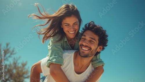 Joyful couple sharing a playful moment on a sunny beach photo