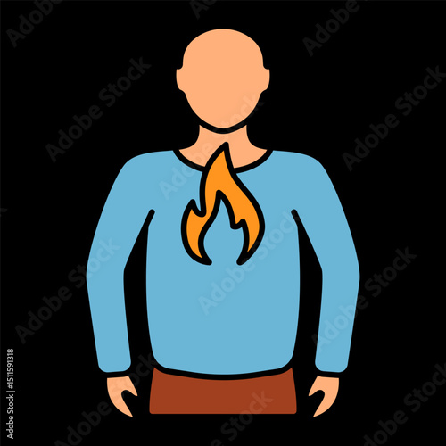 Heartburn icon. Person with flame in chest area, showing acid reflux, chest burning or indigestion symptoms.