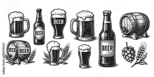 beer object set in vintage style hand-drawn engraving woodcut illustration