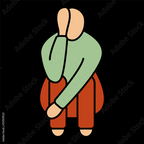 Fatigue icon. Person squatting with head in hand, indicating extreme tiredness, stress or mental exhaustion.