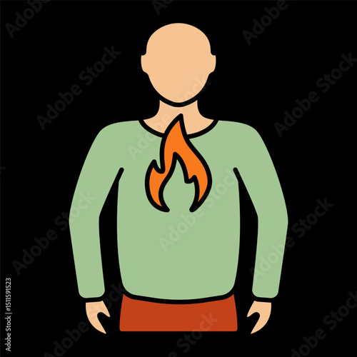 Acid reflux icon. Person with green shirt and chest flame, symbolizing burning sensation from stomach to throat.