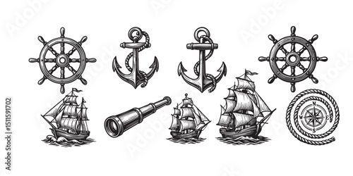 nautical object set in vintage style hand-drawn engraving woodcut illustration