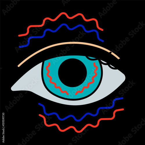 Eye strain icon. Open eye with wavy lines around and inside, showing irritation, fatigue, dryness or tension from overuse or allergy.