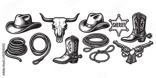 cowboy object set in vintage style hand-drawn engraving woodcut illustration