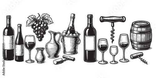 wine object set in vintage style hand-drawn engraving woodcut illustration
