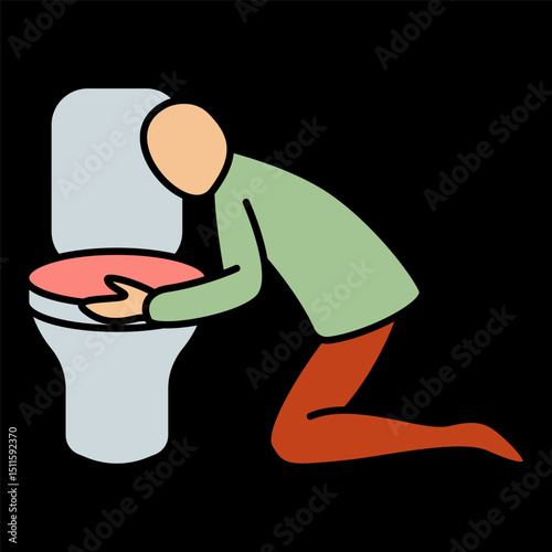 Vomiting icon. Person kneeling in front of toilet, representing nausea, sickness or food reaction.
