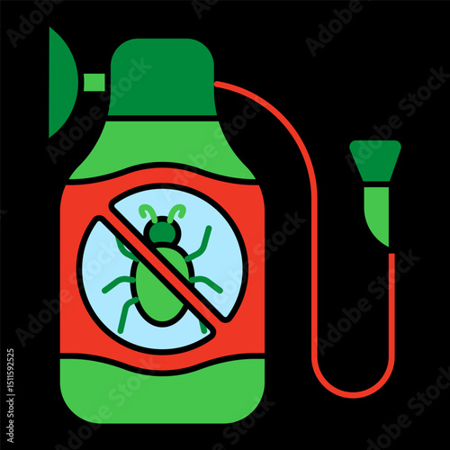 Insecticide spray icon. Container with pest symbol and sprayer tube, showing chemical pest control solution.