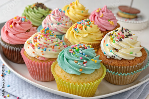 A plate of colorful cupcakes with various frostings and sprinkles is displayed on a white surface. The cupcakes are in decorative paper liners and are topped with vibrant icing and sprinkles.