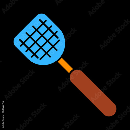 Fly swatter icon. Handheld mesh tool for killing flying insects indoors, symbolizing manual pest control.