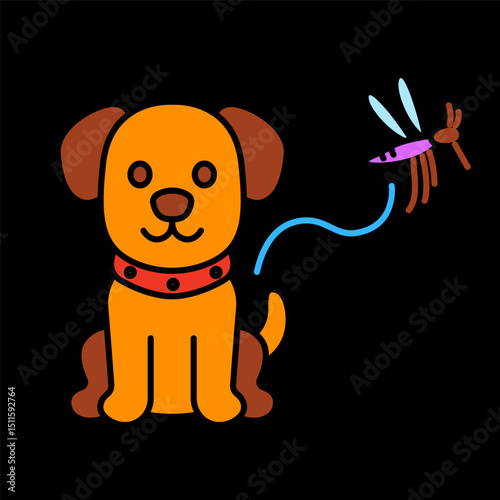 Dog protection icon. Dog wearing flea collar with flying mosquito, indicating pet safety from parasites.