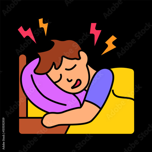 Sleep disturbance icon. Person in bed with lightning symbols above head, showing discomfort or restless sleep.