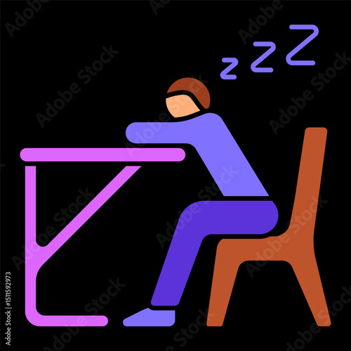 Sleeping student icon. Person at desk with head down and sleep signs, symbolizing exhaustion, burnout or inattention.