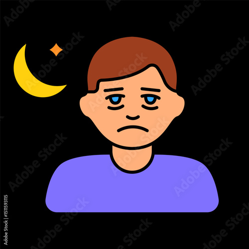 Tired man at night icon. Crescent moon in background, eyes with dark circles, lack of sleep.