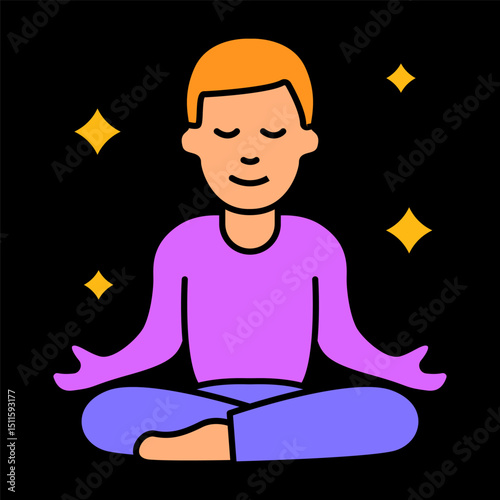 Meditating person icon. Calm figure with sparkles, representing relaxation, peace, or sleep preparation.