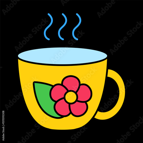 Herbal tea cup icon. Yellow mug with red flower and steam lines, symbol of sleep aid or evening relaxation.