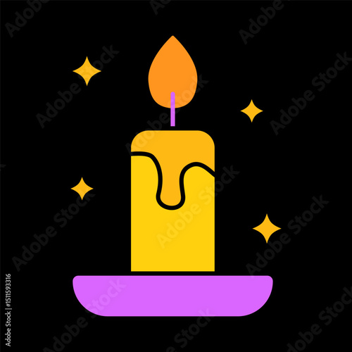 Burning candle icon. Yellow wax, purple base, orange flame, glowing sparkles around. Symbol of calmness, evening routine, or sleep preparation.