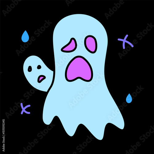 Scary ghost icon. Blue ghost with shocked face and scared expression, represents nightmare or sleep fear.