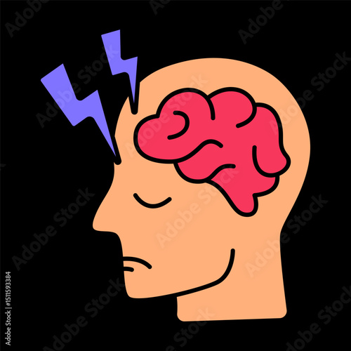 Headache icon. Human head with brain, purple lightning bolts, expression of pain or mental fatigue from sleep deprivation.