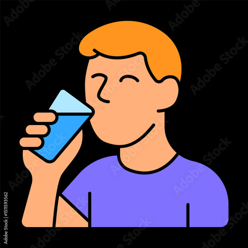 Man drinking water icon. Smiling person holding glass, symbol of hydration and thirst relief.