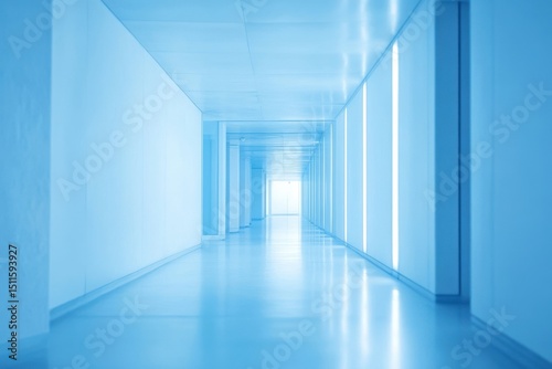 A large, empty room with white walls and a white floor. White blue blurred hospital interior copy space concept for wallpaper or background.