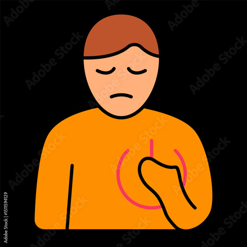 Fatigue icon. Person touching chest with low energy symbol represents exhaustion, burnout, or emotional tiredness affecting physical state.