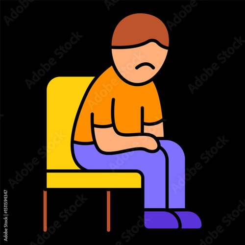 Apathy icon. Person sitting slouched on chair with sad expression represents loss of motivation, emotional detachment, or mental fatigue.