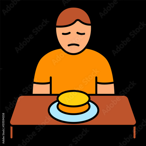 Appetite loss icon. Person sitting at table staring at food without interest symbolizes eating disorder, depression, or physical fatigue.