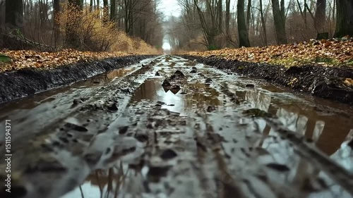 Muddy forest path with tire tracks and puddles photo