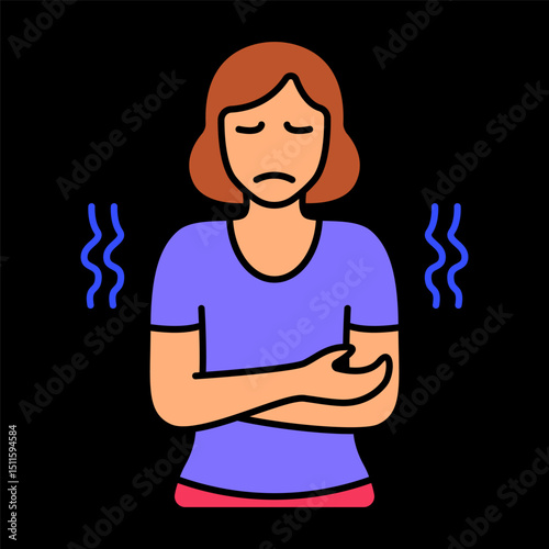 Shivering icon. Woman with trembling lines and sad face indicates physical discomfort, chills, or emotional stress from illness or fear