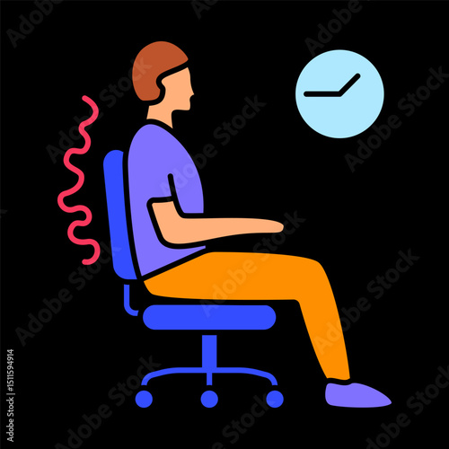 Back pain icon. Man on office chair, poor sitting posture, spine strain, red curve, long hours at desk, health concern, discomfort.