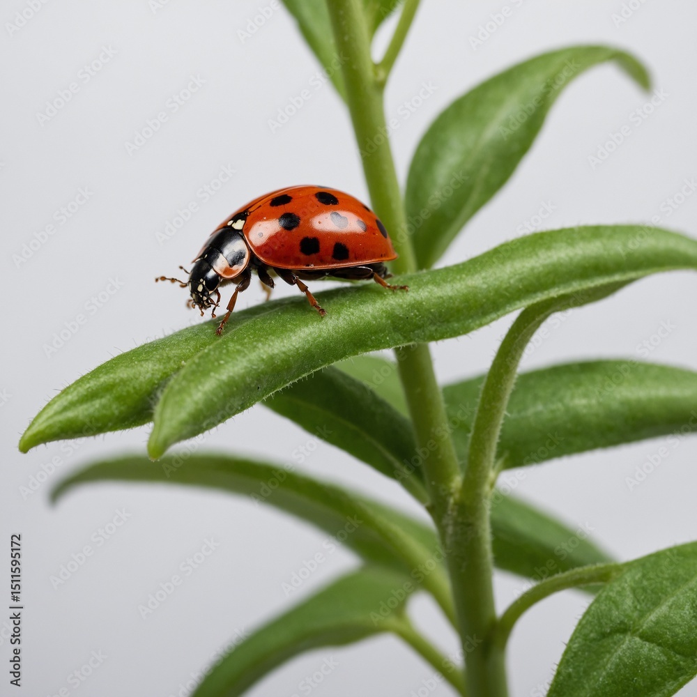 Naklejka premium A ladybug walking along a green bean, white background.