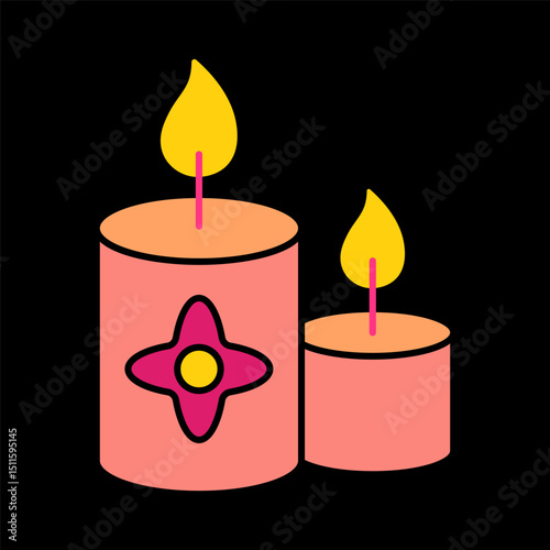 Aromatherapy candles icon. Two lit wax candles with floral symbols, relaxation tools, home spa decoration, soothing ambiance.
