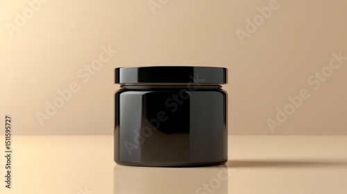 Black plastic jar with blank label for mockup use, showcased in a fitness-focused aesthetic on a neutral background