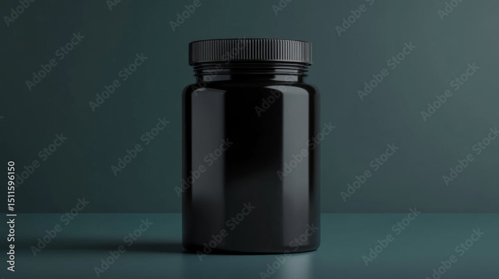 Gym supplement container mockup in black plastic with unbranded label space, perfect for sports and wellness branding Gym supplement container mockup in black plastic with unbranded label space, perfect for sports and wellness branding
