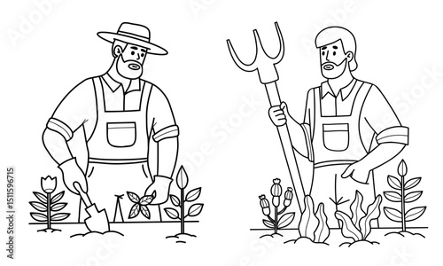 Two Outline Man Farmer with garden tools Shovel and pitchfork. Male Gardeners Working work In ground bed with seedlings and plants. Isolated Line hand drawing. Vector illustration